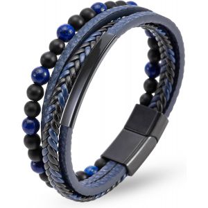 Eryi-Bracelet Cuir Homme Et Acier Inoxydable, Noir Marron Bleu Bracelet Perles Pour Hommes, 19cm/21cm/23cm Bracelets Cuir Bijoux Cadeau Homme Papa Papy - Neuf