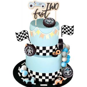 Two Fast Cake Topper Blue Race Décorations D'anniversaire Pour Voitures Fournitures De Fête Favors Pour Le Drapeau À Damier De La Voiture De Course Décorations D'anniversaire Fournitures De Fête - Neuf