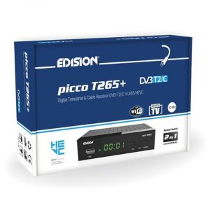 R&eacute;cepteur TNT DVB-T2 et c&acirc;ble DVB-C Edison Picco T265+, H265 HEVC, enregistreur num&eacute;rique Full HD FTA, USB, HDMI, SCART, S/PDIF, IR, compatible Wi-Fi USB, t&eacute;l&eacute;commande universelle 2 en 1, noir - Neuf