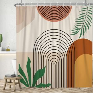 KAL-Rideau Douche Anti Moisissure, Rideau De Douche Terracotta 180X240Cm Abstrait Feuilles Vert Lignes Noir Rideaux De Baignoire Tissu Lavable Imperméable Rideaux Salle De Bain Avec 12 Crochets - Neuf
