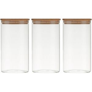 Cmws-Lot De 3 Bocaux En Verre Avec Couvercles En Bambou, Herm&eacute;tiques Et Transparents Avec Couvercle Herm&eacute;tique, Pour &Eacute;pices, Herbes, P&acirc;tes, Farine, Caf&eacute;, Th&eacute;, Biscuits, Collations, Graines (1 000 - Neuf