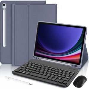 Coque Clavier pour Samsung Galaxy Tab S9 (11'') Cuir PU Violet avec Clavier + Souris Sans Fil + Stylet - Neuf