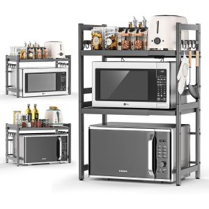 Nouvelhorizonstore-Support Pour Micro Onde Et Four Extensible Etagere Micro-Ondes 3 Niveaux, Support En M&eacute;tal Four &Agrave; Micro-&Eacute;tag&egrave;re Pour Micro-Ondes Avec 8 Crochets Suspendus Meuble Micro Ondes Cuisin - Neuf