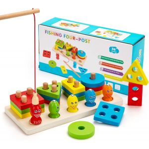 KAL-Jouets Montessori, Jouet En Bois &Agrave; Empiler Et De Tri, Jeu De P&ecirc;che Magn&eacute;tique Pour Les B&eacute;b&eacute;s Gar&ccedil;ons, G&eacute;om&eacute;triques Puzzles &Agrave; Trier Les Formes Pour Les Tout-Petits De 1 2 3 Ans - Neuf