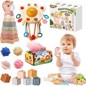 Ulteronixshop-Jouet Bebe 6 Mois-3 Ans, 5 in 1 Montessori Jeux B&eacute;b&eacute; Eveil, Crabe Jouet, Tour Souple Empilable, Bo&icirc;te &agrave; Tissus Bebe, Balles Sensorielles, Jouets sensoriels pour Fille Gar&ccedil;on 6 9 12 Mois - Neuf