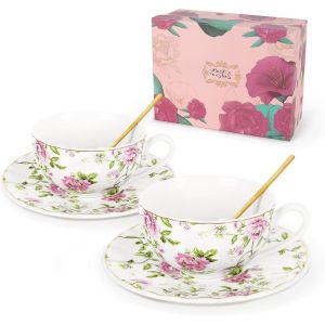 Ensemble Tasse Et Soucoupe &Agrave; Caf&eacute; Florale De 2, Rose Tasse &Agrave; Caf&eacute; C&eacute;ramique 200ml, British Porcelaine Tasses &Agrave; Th&eacute; Et Soucoupes Avec Cuill&egrave;re Cadeau Pour Maman Amie F&ecirc;te Du Th&eacute; - Neuf