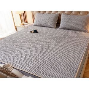 Surmatelas rafra&icirc;chissant en latex 150 x 200 cm avec taies d'oreiller grises - Neuf