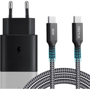 JGD-USB C Chargeur 25W Charge Rapide avec C&acirc;ble pour Samsung Galaxy S24,S23,S22,S21,S20,S10,Z Fold Flip 3/4/ 5,A13,A14,A23,A33,A34,A54,A53, Tab S8, Adaptateur Secteur Prise pour iPhone 15 Plus (Noir) - Neuf