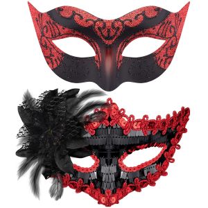 2 Pièces Couple Masque Vénitien Masque De Mascarade Vénitien Masque Mascarade Bal Masqué Pour Femme Homme Les Yeux Pour Halloween Mascarade Carnaval,Noir & Rouge.[J13] - Neuf