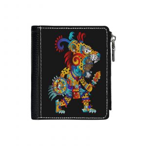 Portefeuille Guerrier Jaguar de dessin animé Mexique Aztèque_4606 Compact en Simili-Cuir PU Porte-Cartes avec Fermeture Éclair Multi-Poches Unisexe Homme Femme - Neuf