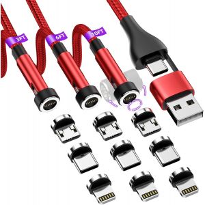 Senior-Lot De 3 C&acirc;bles De Charge &Agrave; Rotation 540&deg; [0,9 M/1,8 M/3 M] C&acirc;ble De Chargeur De T&eacute;l&eacute;phone Magn&eacute;tique 5 En 1, Pr En Charge Du Transfert De Donn&eacute;es Pour Iphone/Micro Usb/Type C - Rouge[L840] - Neuf