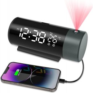 Réveil projecteur plafond 180°, grand écran LED numérique, date 12/24 h, luminosité réglable sur 4 niveaux, fonction snooze, réveil pour chambre et bureau (noir) - Neuf
