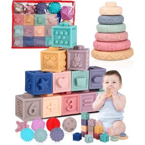 ChenQuanSarl-Montessori (25 Pièces) Pour Enfants 6 Mois Et Plus, Cube Balle Sensoriels Souples A Empiler, Anneaux D'Empilage, Jeux Eveil, Jouet De Bain Et Dentition Pour 6-12 Mois, Jouet Bebe 6 Mois - Neuf