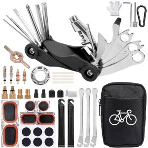 Sept-Kit Reparation Velo,Kit Rustine Velo,Trousse Outils De V&eacute;lo,Outil Multifonction 17 En 1,Trousse Multifonction Outils Pneu,D&eacute;monte-Pneu,Cl&eacute; Allen Pour Bicyclette,Vtt,Cyclisme - Neuf