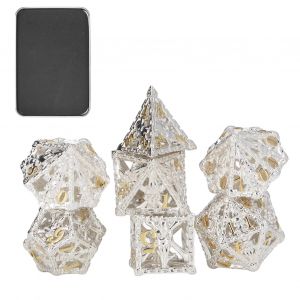 Lot de 7 des polyedriques creux en metal, motif tete de mort, pour jeux de societe, fete d'Halloween, argent et or - Neuf