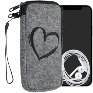 Housse De Protection Pour Smartphone Compatible Avec Xl - 6,7/6,8'' - Sacoche De Protection T&eacute;l&eacute;phone Portable En Feutre Coeur Peint Noir-Gris Clair - Neuf