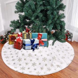 Jupe de sapin de No&euml;l &agrave; motif flocons de neige, tapis en peluche blanche pour la d&eacute;coration des f&ecirc;tes - Neuf