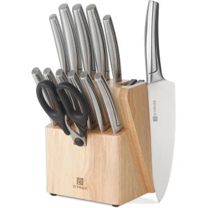 Mevronisshop-Jeu De Couteaux De Cuisine Professionnels - 13 Pi&egrave;ces Bloc En Bois D'h&eacute;v&eacute;a Avec Aiguiseur Int&eacute;gr&eacute; Lames Extra-Aff&ucirc;t&eacute;es Lavables Au Lave-Vaisselle - Neuf