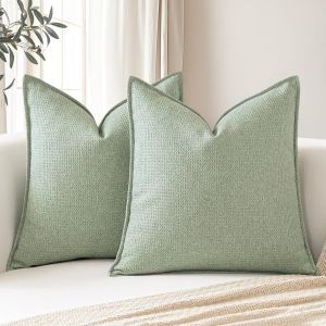 CAUC-Lot de 2 housses de coussin d&eacute;coratives &agrave; carreaux doux avec bords cousus de style boh&egrave;me et rustique pour canap&eacute;, terrasse, chambre &agrave; coucher, salon (vert clair) - Neuf