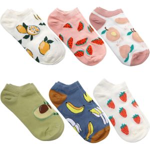 Kalanka-Chaussettes Basses De Sport Amusantes, 6 Paires Chaussettes Mignonnes Pour Femmes Avec Imprim&eacute; De Fruits, Haussettes Fantaisie Femme Basses, Mignonnes Chaussettes D&eacute;contract&eacute;es En Coton 35-40 - Neuf