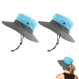 Lot De 2 Chapeaux Bob &Agrave; Large Bord Avec Protection Uv Pour La Randonn&eacute;e Et La P&ecirc;che - Bleu - Neuf