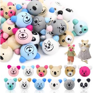 Lot De 36 Perles En Bois Avec Visage De Lapin-25 Mm-Perles En Bois Avec Visage De Lapin Et Trou-Tête D'animaux Avec Visages D'animaux-Pour Vers De Soucis - Neuf