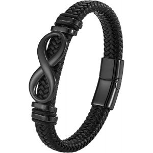 Bracelet Homme Cuir, Bracelet Vikings Homme, Croix Chretienne Hommes Bracelets Acier Argent Noir, Bijoux Cadeau Hommes - Neuf