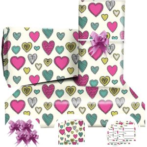 Papier Cadeau,Papier Cadeau Anniversaire 85 * 60cm,4 Feuille Avec 2 Noeud Papillon Rose,4 Carte Anniversaire,4 Etiquette,Papier Cadeau F&uuml;r Enfant Fille Garcon Homme Femme - Neuf