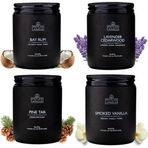 Lot de 4 bougies pour homme en cire de soja de 226,8 g - Bois de cèdre et lavande, rhum de baie, goudron de pin, fumée et vanille - Décoration de chambre et cadeau pour homme - Neuf
