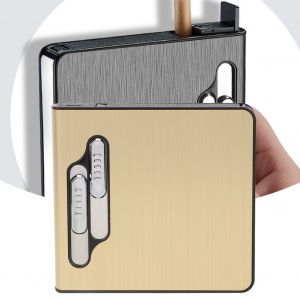 Etui a cigarettes portable 20 pieces avec chargeur USB et briquet electronique (dore) - Neuf