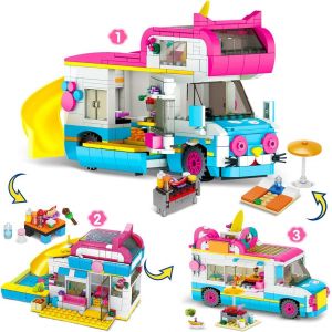 lbgwp60-3-In-1 Ensemble De Construction De Voiture Pour Chat, 494 Pcs Blocs De Construction De Camping-Car, Jouets De Construction De Bus De Camion De Cr&egrave;me Glac&eacute;e, Cadeaux Pour Filles Gar&ccedil;ons - Neuf