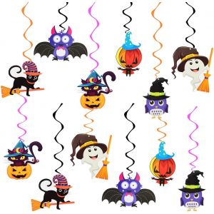 CAUC-Lot de 12 d&eacute;corations d'Halloween &agrave; suspendre, chauve-souris, chat noir, sorci&egrave;re, fant&ocirc;me, chapeau citrouille, d&eacute;coration de plafond pour f&ecirc;te sur le th&egrave;me d'Halloween, d&eacute;corations d'int&eacute;rieur - Neuf
