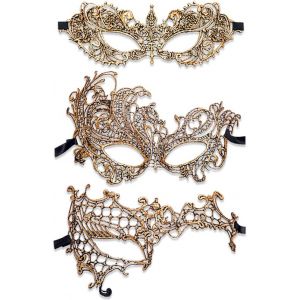Lot De 3 Masques V&eacute;nitiens En Dentelle Pour Bal Masqu&eacute; Mardi Gras Pour Homme Et Femme-Fournitures De F&ecirc;te Pour Carnaval,Mardi Gras,Halloween,Anniversaire,Festival,Bal-Dor&eacute; - Neuf
