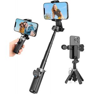 LORANKA-Perche a Selfie & Tr&eacute;pied Smartphone, Ultra-Portable Mini Tr&eacute;pied T&eacute;l&eacute;phone, avec T&eacute;l&eacute;commande Rechargeable, Support T&eacute;l&eacute;phone 360&deg; Rotatif pour iPhone 16 15 14 Pro, Samsung, 2 Patins Froides - Neuf