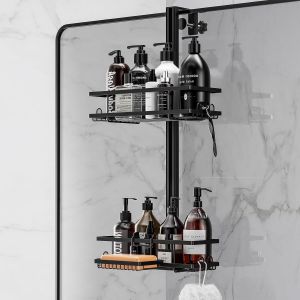 &Eacute;tag&egrave;re de douche &agrave; suspendre avec porte-savon, hauteur r&eacute;glable, 2 &eacute;tages, sans per&ccedil;age, pour porte en verre, shampoing, gel douche - Neuf
