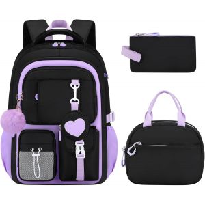 KALSC-Sac À Dos Fille Primaire 3 Pièce,Ensemble Cartable Adolescent Scolaire Avec Sacs À Déjeuner Et Trousse Crayon,Sac Ecole Pour Fille 8 À 16 Ans,Noir - Neuf
