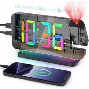 R&eacute;veil &Agrave; Projection Avec Radio, Horloge Num&eacute;rique Avec Projecteur Rotatif &Agrave; 180&deg;, R&eacute;veils De Chevet Avec 10 Modes De Veilleuse Rvb, Affichage Led 11 Couleurs, Intensit&eacute; Variable, Volume Maison Noir - Neuf