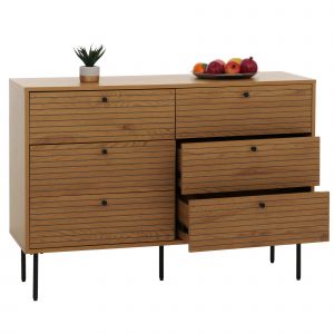 Commode HWC-N78, Sideboard armoire, 6 tiroirs, style scandinave m&eacute;tal bois m&eacute;lamine MVG 85x120x40cmnaturel - Neuf