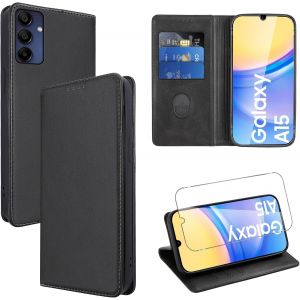 KAL-Coque Cuir Pour Samsung Galaxy A15 4G/5G 6.5"" Avec 1 Verre Trempé Etui À Rabat En Pu Porte-Cartes Portefeuille Support Flip Housse Magnétique Antichoc Anti-Rayures Case,Noir - Neuf
