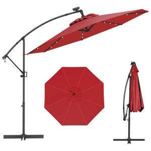 Parasol D&eacute;port&eacute; 3 M Avec 24 Lumi&egrave;res Solaires Rotatif 360&deg; Angle R&eacute;glable Design Moderne En Aluminium Rouge Helloshop26 20_0013014 - Neuf