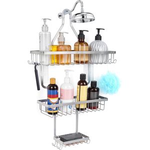 Argent Support de Douche Suspendu - 38 x 60 cm, 3-Niveaux Etagere Porte Douche et Savon a Suspendre - avec 3 paniers et 10 Crochets - Rangement Salle de Bain pour Shampoing, Accessoires - Neuf