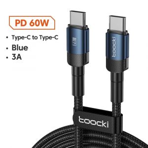Toocki 100W Type C à USB C Câble PD 3.0 Charge Rapide 4.0 Charge Rapide Type C à Type C pour iPhone 15 Macbook Samsung 0.5M-60W C to C Blue - Neuf