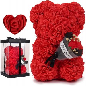 (Rouge) Ours Sur Rose Cadeau De Saint-Valentin Pour Elle Ours Fleur De Rose Cadeau De Fête Des Mères, Ours En Peluche D'anniversaire Pour Petite Amie, Décoration Mignonne De Saint-Valentin Romantique - Neuf