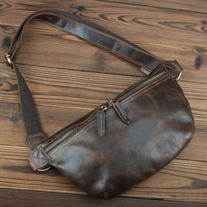 Sac à bandoulière en cuir véritable pour homme, couleur café foncé, nouvelle collection été, sac à bandoulière vintage en peau de cheval fou, couche supérieure en cuir de vache, sac tendance - Neuf