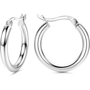 Kalhx-Boucles D'oreilles Créoles Argent Pour Femme Argent Hypoallergénique Sterling 925 Huggie Créoles Boucles D'oreilles 13/15/20/25/30/40/50mm - Neuf