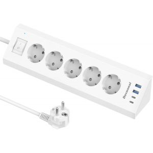 Multiprise avec USB C, 5 prises avec 2 ports USB A et 2 ports USB C (5 V 3,4 A 17 W) - Prise d'angle avec interrupteur et c&acirc;ble de 2 m - Pour cuisine, bureau - Blanc - Neuf