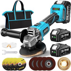 VornixorSarlshopSEESII Meuleuse d'angle sans fil 125 mm, 2 x 4000 mAh Meuleuse d'angle &Eacute;lectrique Sans Balais 10 000 tr/min Avec 4 Roues de Coupe, 4 Roues &agrave; Lamelles, 1 Roue de Sculpture sur bois pou - Neuf