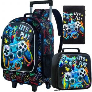 Sac à dos roulant pour garçons, sac à livres d'école à roulettes pour enfants avec sac à déjeuner, à roulettes.¿ Sac d'école pour enfants-Noir - Neuf