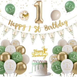 TRAHOO-Decoration Anniversaire 1 an, Vert Or Ballons Anniversaire 1 an Garcon Fille, Banderole Joyeux Anniversaire, Deco Anniversaire Garcon Fille, Happy Birthday Bannière pour Enfant Garçon Réutilis - Neuf