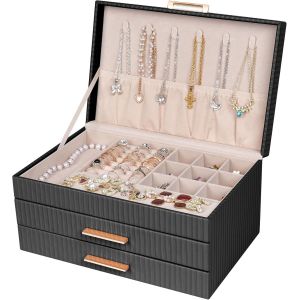 Boite A Bijoux Femme, Grande Boite A Bijoux, Boite À Bijoux Avec 2 Tiroirs, Boite Bijoux Pour Colliers, Bagues, Boucles D'Oreilles, Bracelets, Idée Cadeau (Noir) - Neuf